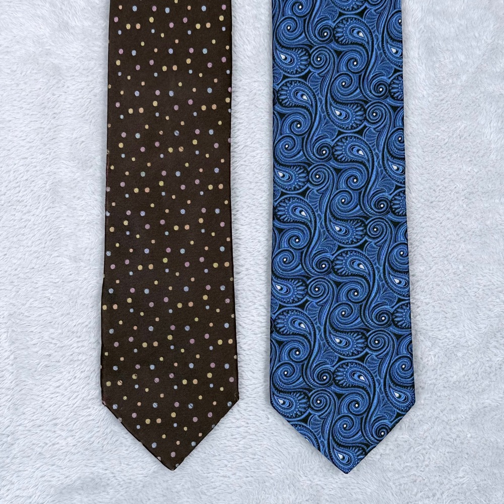 Lot 2 Ted Baker Silk Tie Mens Blue Paisley Brown Polka Dot Hand Tailored USA